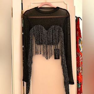 Women's Glitter Sheer Mesh Fringe Trim Crop Long Sleeve